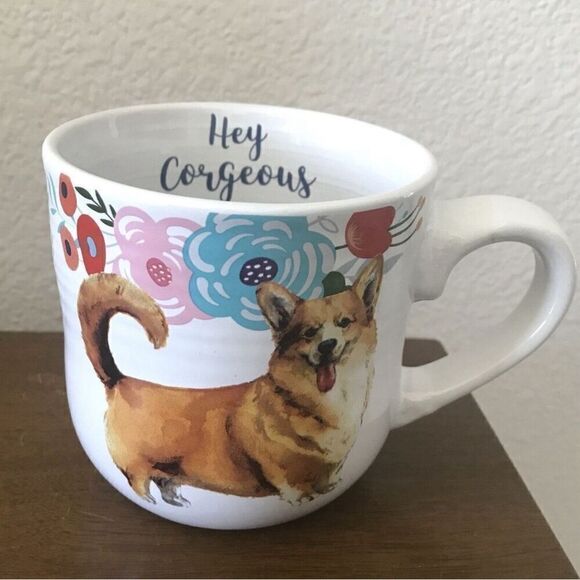 Hey Corgeous! Corgi Dog Puppy Coffee Tea Mug 
White Multicolor Floral Gift Idea - Picture 7 of 7